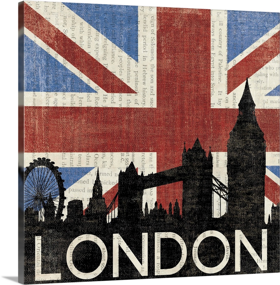 Contemporary artwork of a silhouetted London skyline against a background of the Union Jack flag.