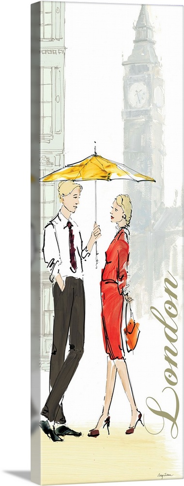 Contemporary artwork of a couple underneath a yellow umbrella, with buildings in the background.