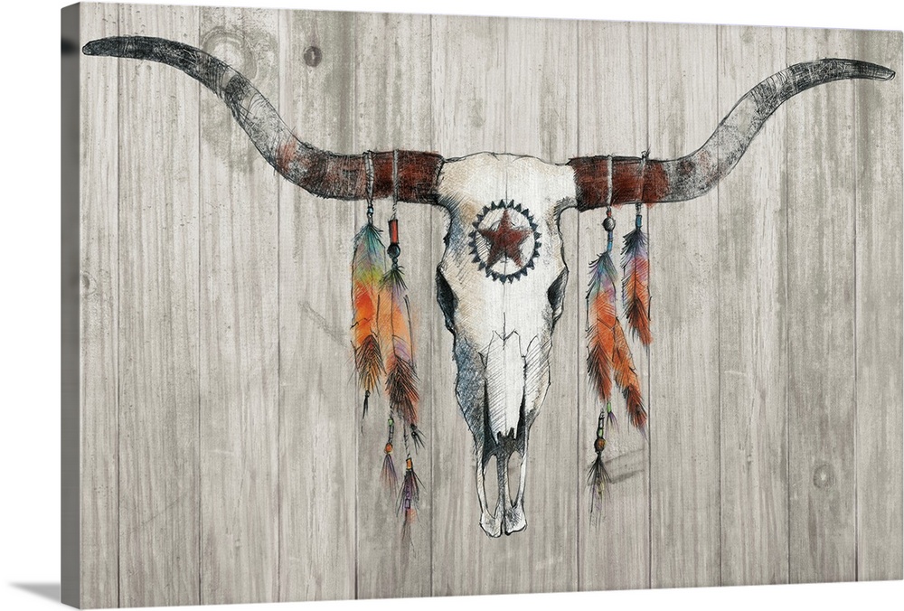 Illustration of a longhorn skull with colorful feathers hanging from the horns on a rustic wooden background.