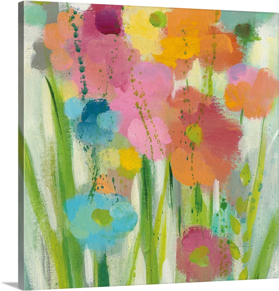 Decorative artwork of whimsical abstract florals with paint splatter throughout.