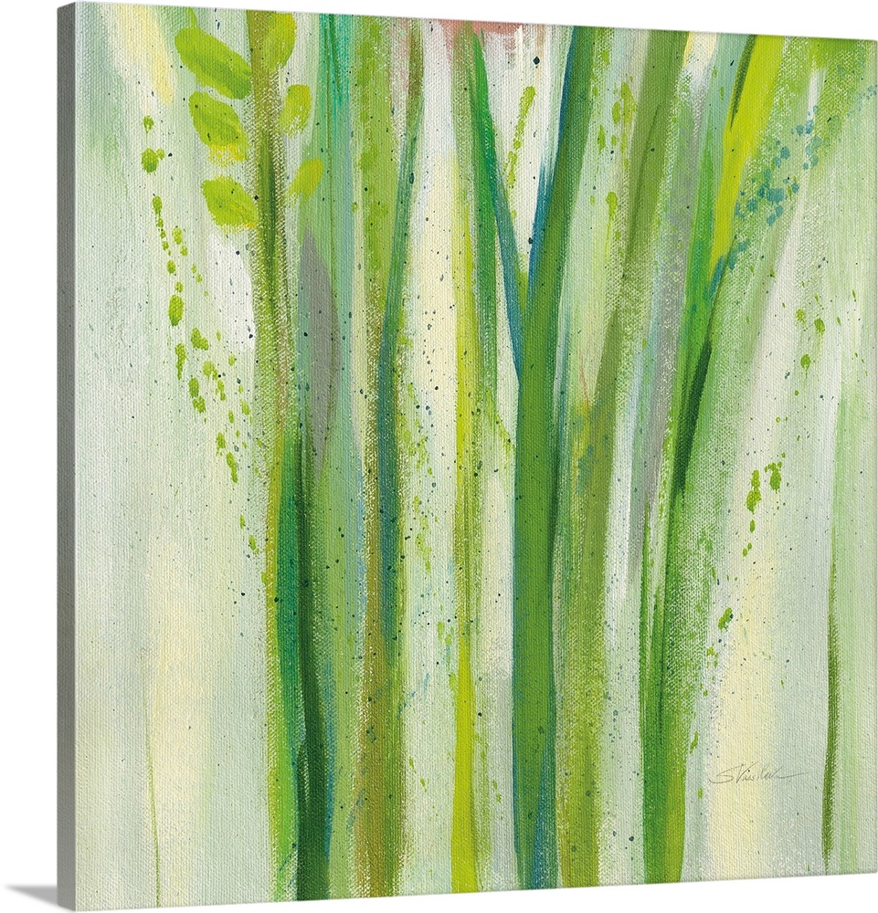Decorative artwork of whimsical abstract stems of flowers with paint splatter throughout.