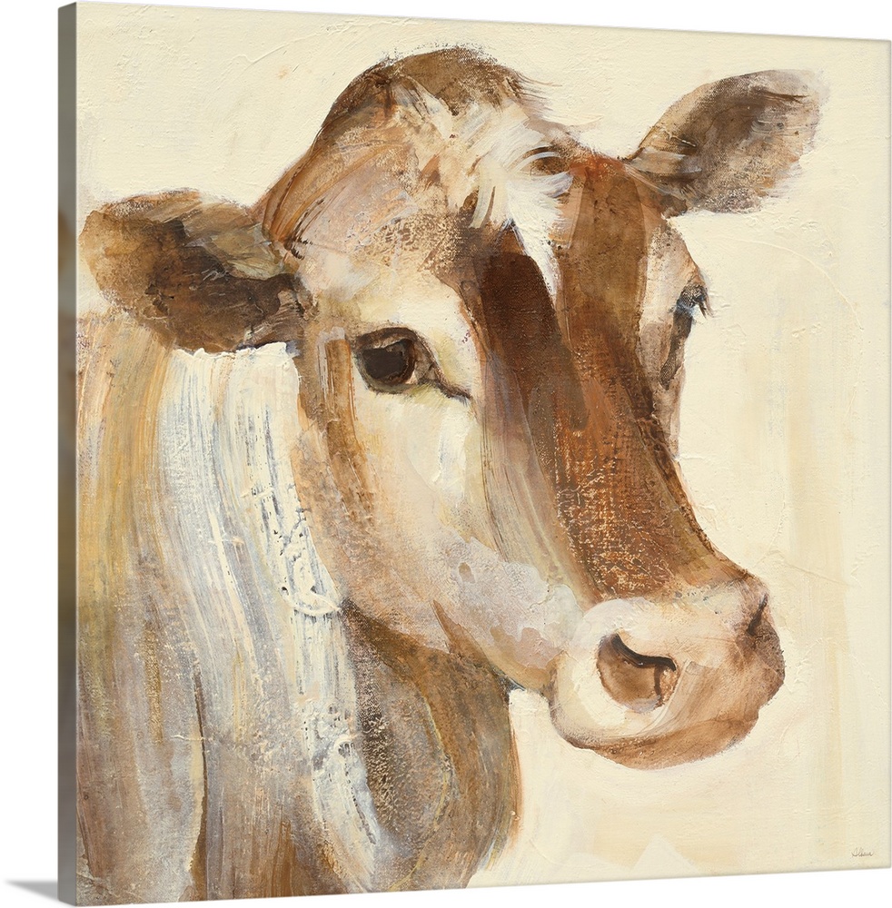 Square contemporary painting of a cow in warm tones of color.
