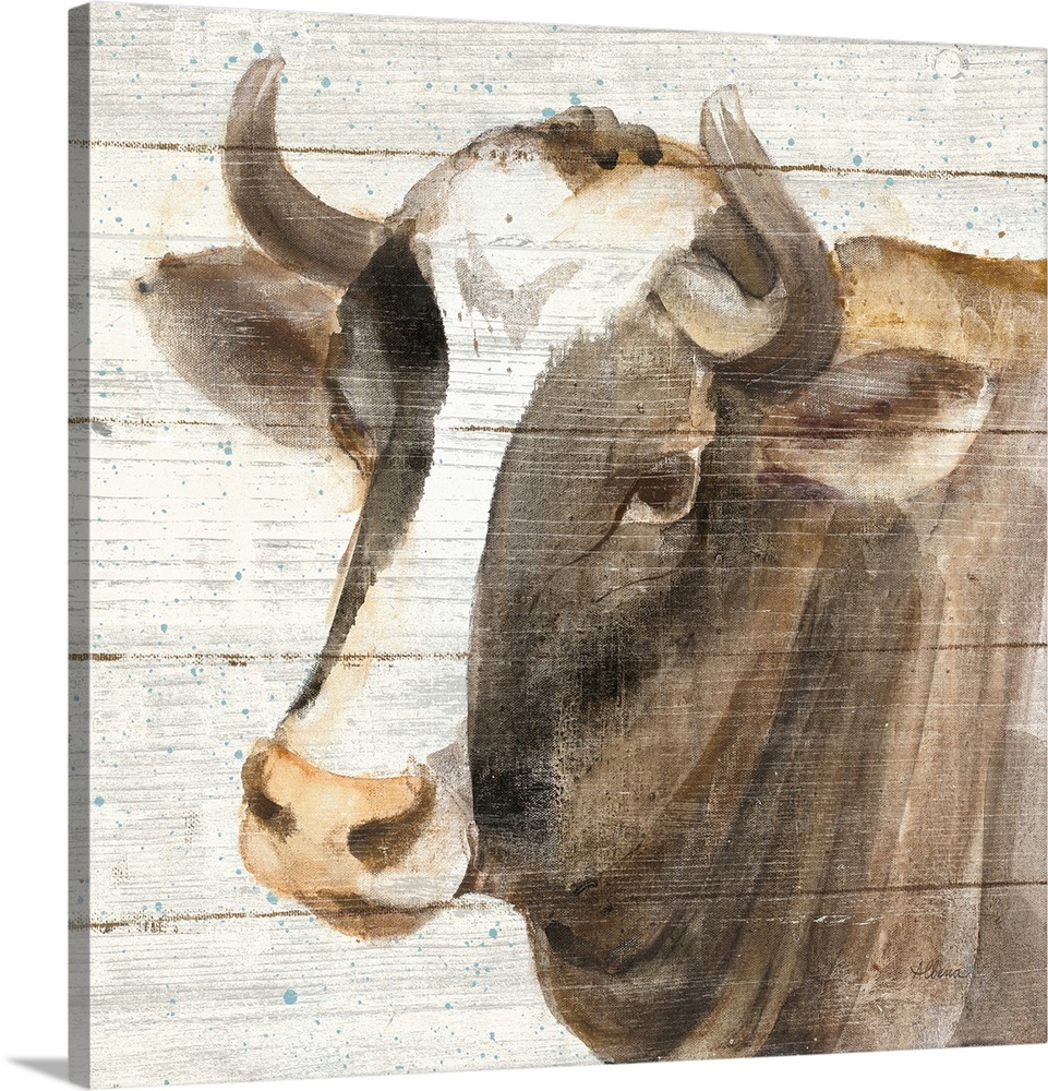 Decorative rustic artwork of a cow portrait over a wood panel background.