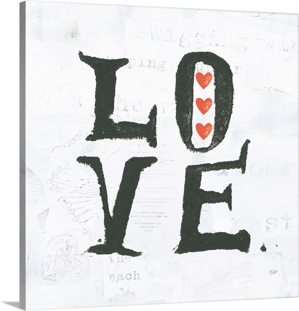 Square painting with the word "love" written in two lines with red hearts on a white background with faded text and doodle...