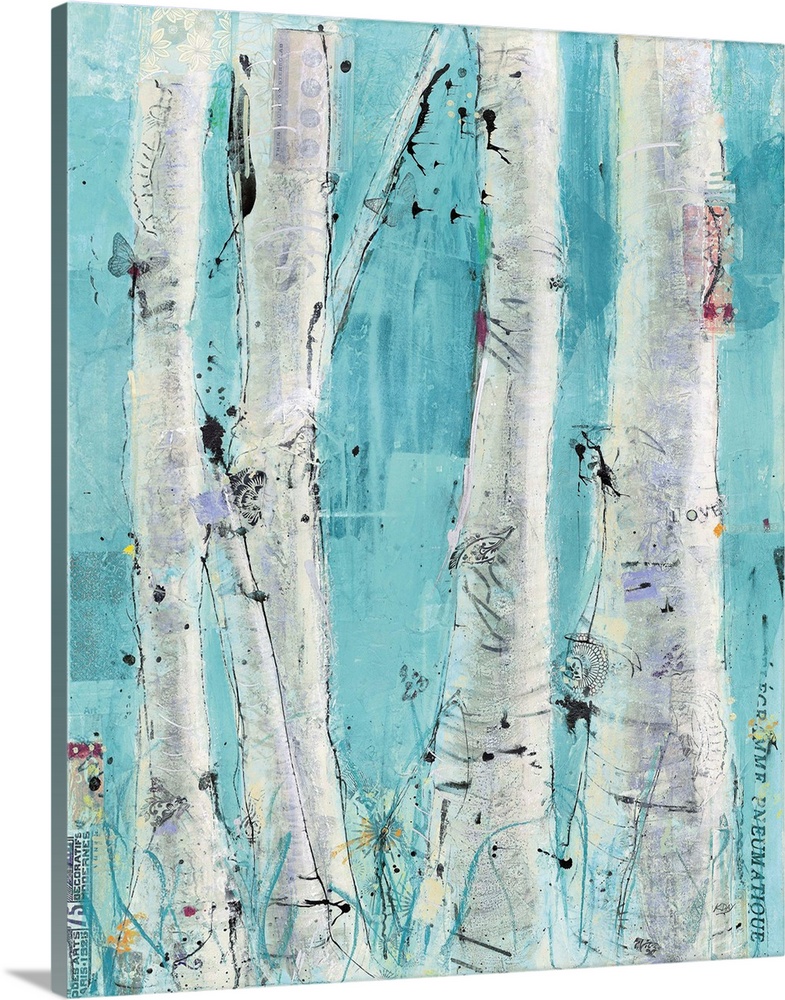 A painting of a group of birch trees with layers of small text and decorative images.