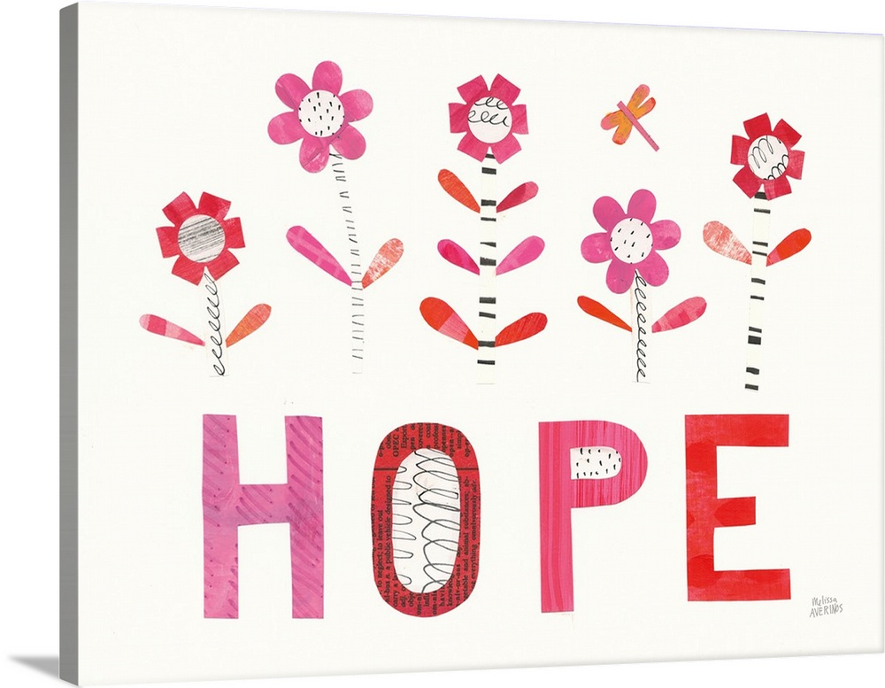 Inspirational mixed media artwork with flowers and the word "Hope" in warm tones.