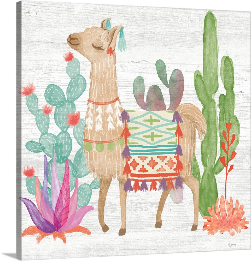 Decorative artwork of an illustrated llama surrounded by brightly color cacti.
