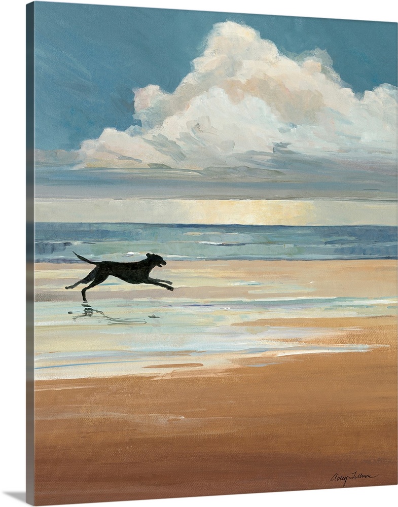 A black Labrador runs on a sandy beach with a large cloud on the ocean horizon in this vertical landscape painting.