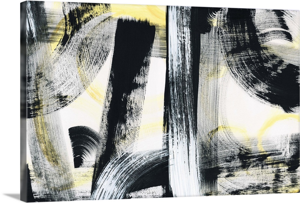 Large abstract painting with thick black and white brushstrokes creating lines and circles in the foreground and faint yel...