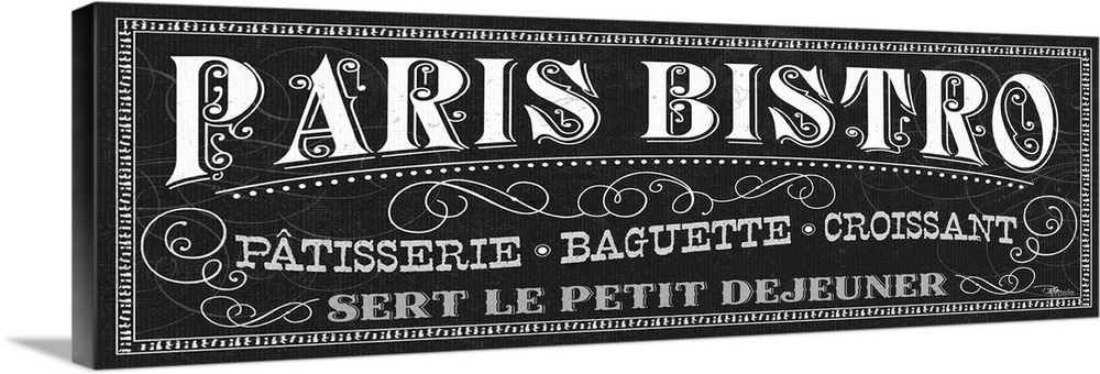 Giant horizontal wall hanging of decorative text, reading "Paris Bistro", surrounded by swirling decorative designs and sm...