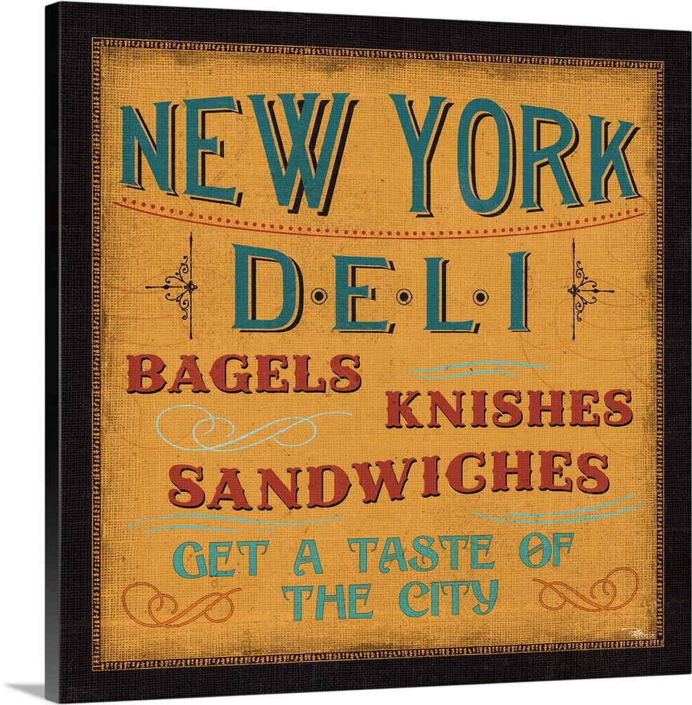 A vintage-style sign for a New York deli, advertising bagels, knishes, and sandwiches.