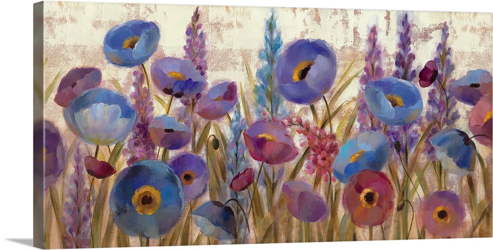 Landscape, floral home art docor of a large cluster of purple and blue lupines and poppy flowers, extending upward, on a l...