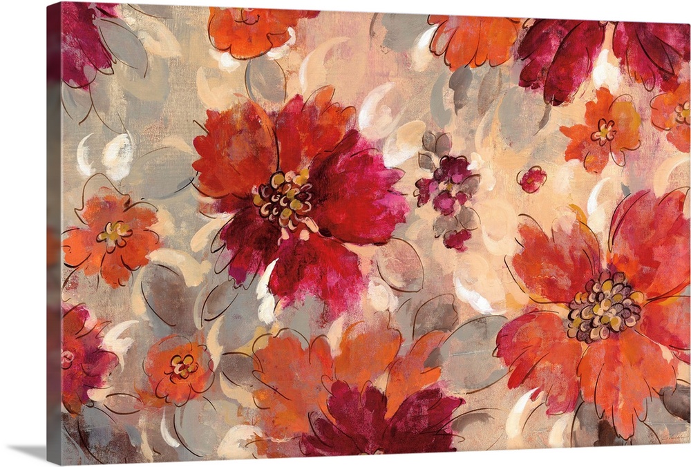 Abstract painting of orange, red, and pink flowers with gray leaves on a neutral colored background.