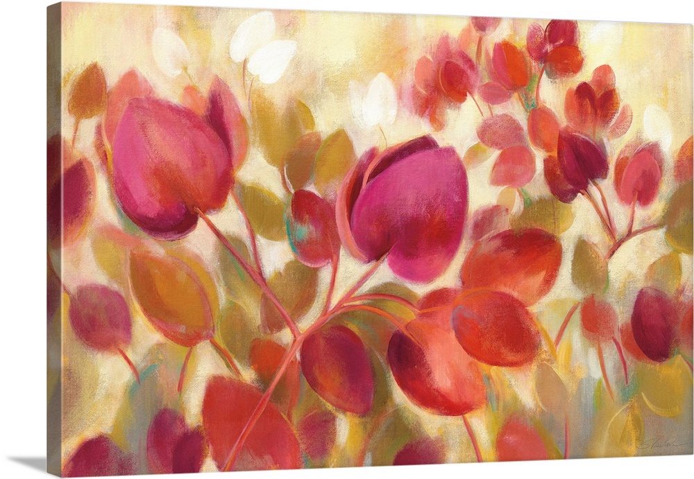 Contemporary painting of bright flowers in warm tones.