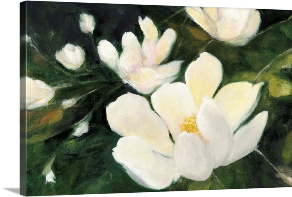 Abstract painting of white magnolia flowers and buds on a dark green background.