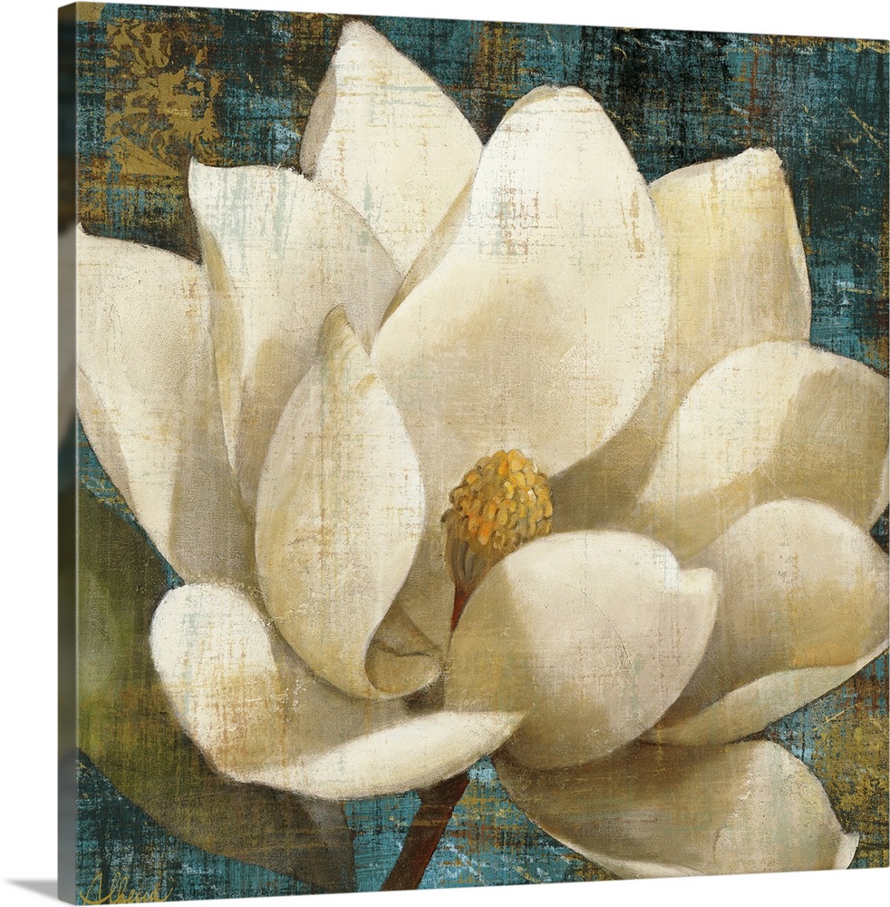 A large magnolia is painted against a rustic blue background with a distressed look over the entire piece.
