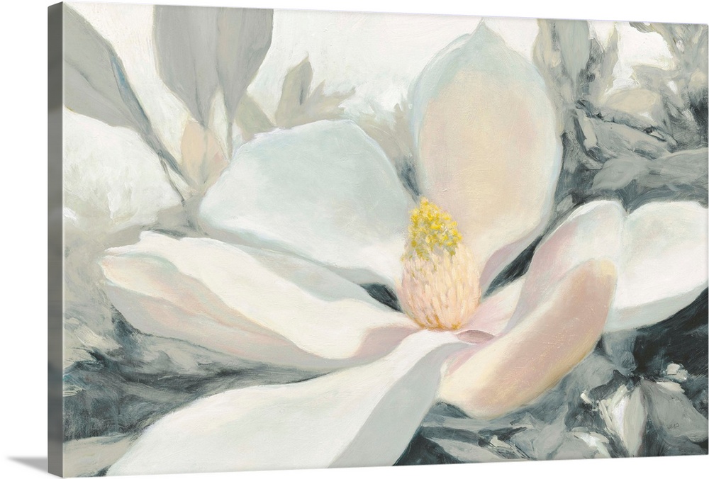 A large close up painting of a magnolia bloom in shades of yellow, pink and gray.