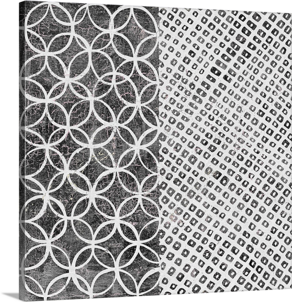 A square decorative image of black and white shapes and patterns within rectangle sections.