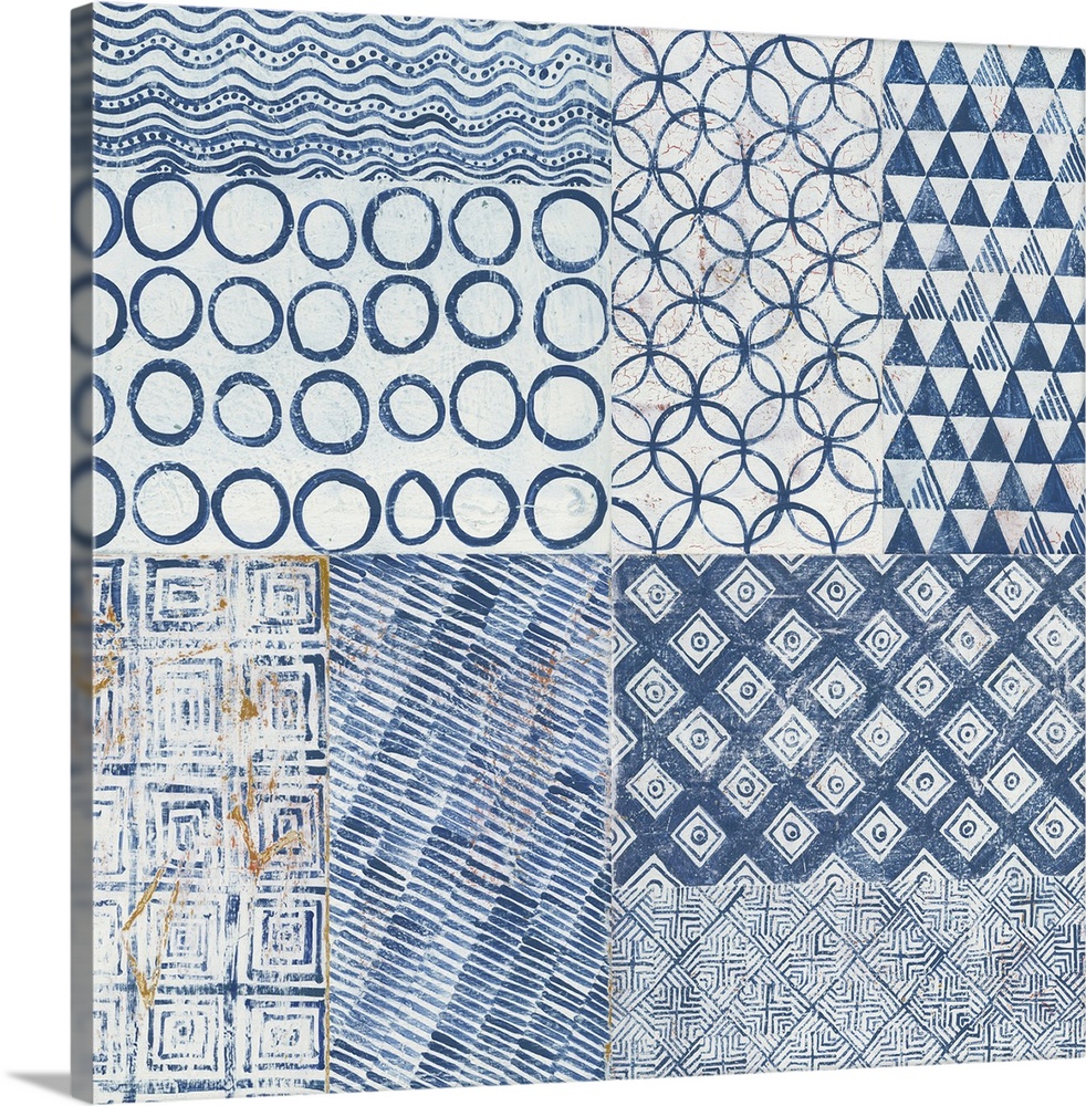 Contemporary artwork of different pattern tiles in a faded navy blue side by side against a neutral background.