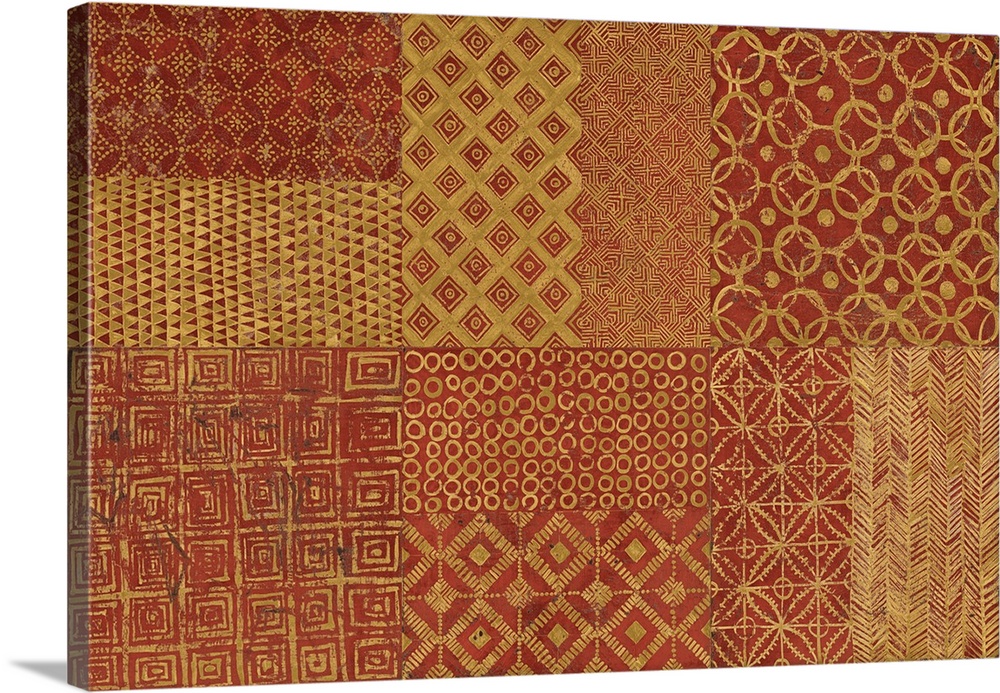 A decorative image of shapes and patterns within rectangle sections in gold and orange.