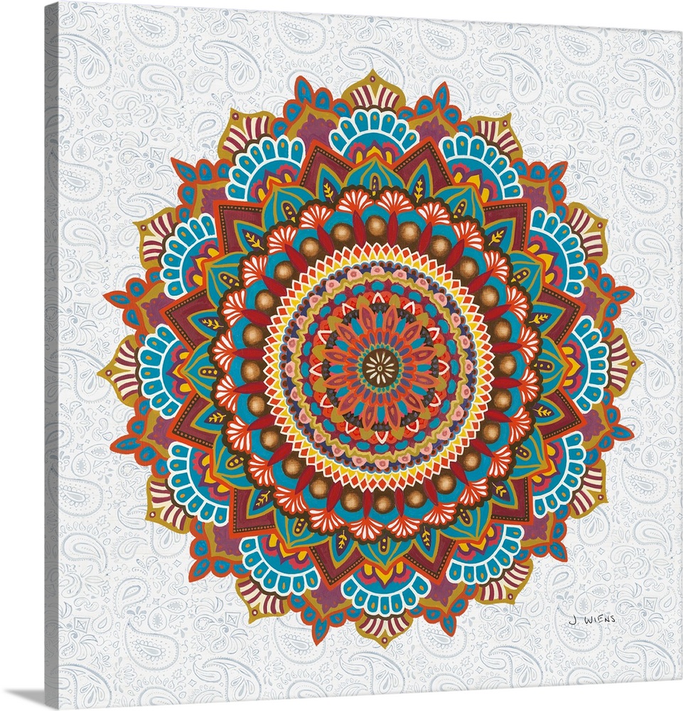 A beautifully colored mandala design in warm tones on a paisley patterned background.