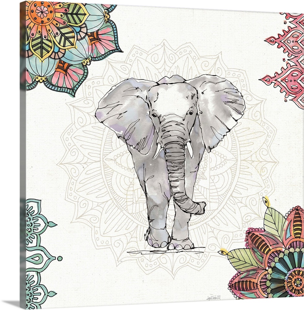 Bohemian style decor with an illustration of an elephant with colorful mandalas all around.