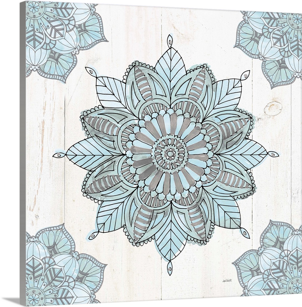 Square artwork of a blue and grey mandala design on a white wood panel background.