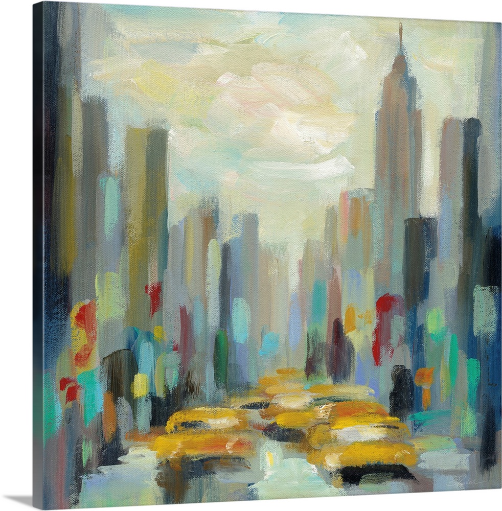 A modern contemporary painting in an impressionism style of a New York City street with the Empire State Building in the b...