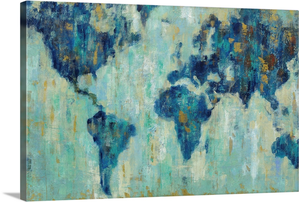 A contemporary painting of a world map in a blue tones against a pale teal background.