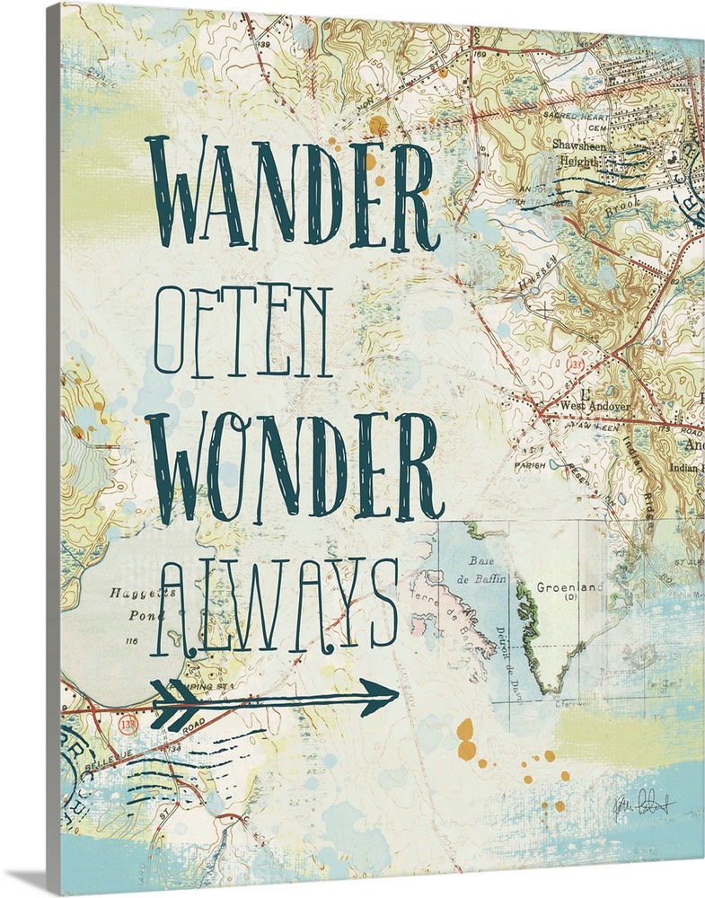 "Wander Often Wonder Always" written on top of a map and postage stamp collage.