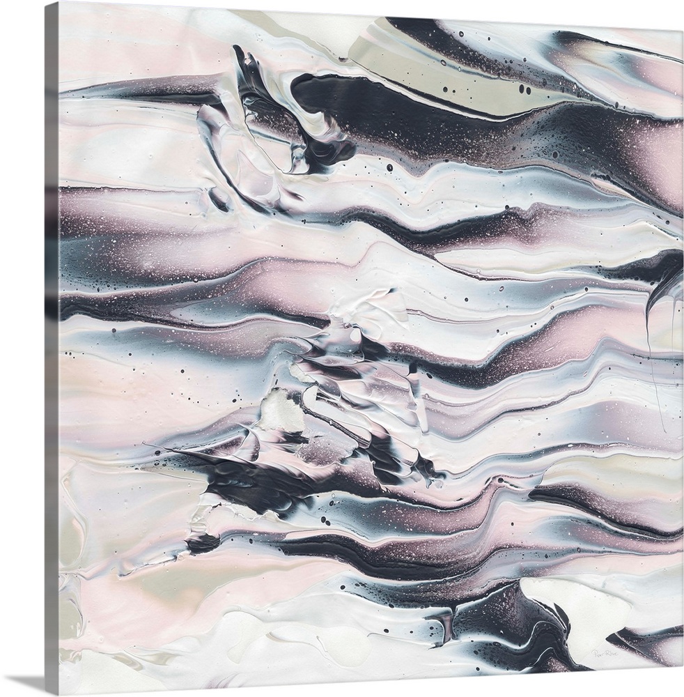 Square abstract painting of pink, green, blue, black, and white marbling creating movement horizontally throughout the canvas
