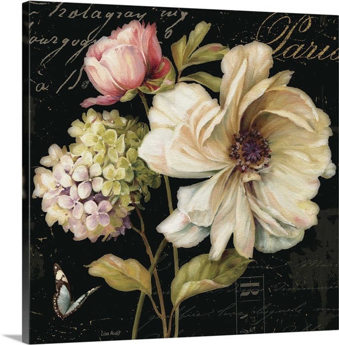 Contemporary artwork of flowers against a text background.