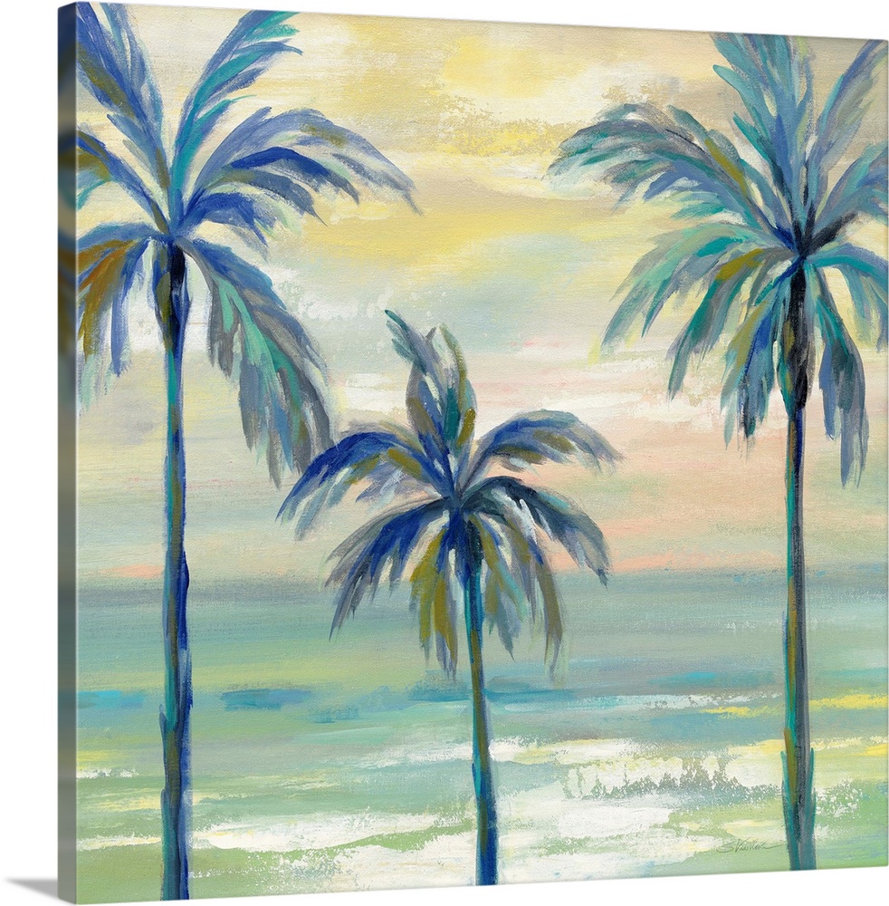 Contemporary painting of three palm trees in cool tones with the ocean in the background and a sunset above.