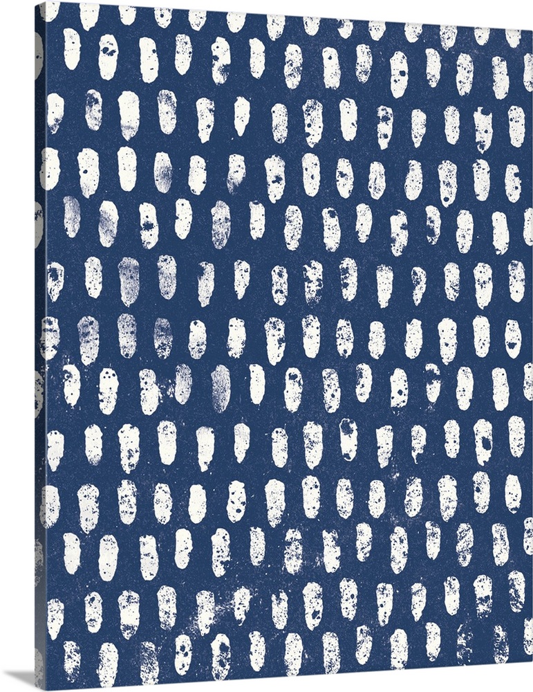 Abstract artwork with white oblong shapes creating a pattern on a navy blue background.