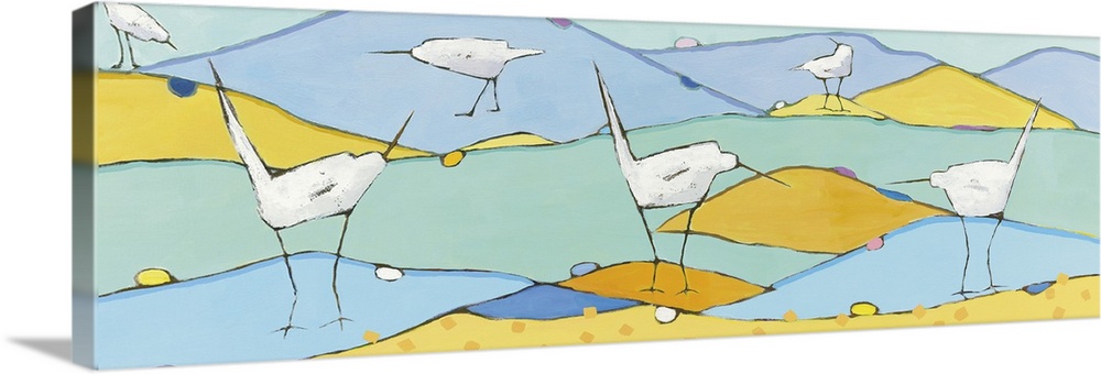 Long, horizontal abstract painting of six white egrets in a pastel colored marsh.