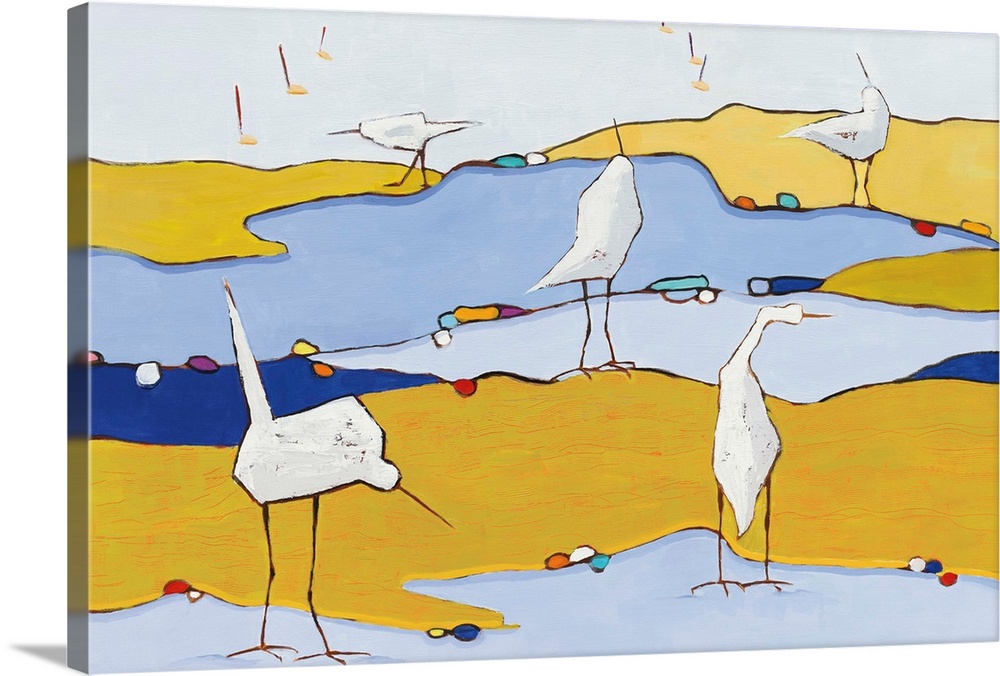 Abstract painting of five white egrets in a marsh made out of a variety of blue and yellow hues.