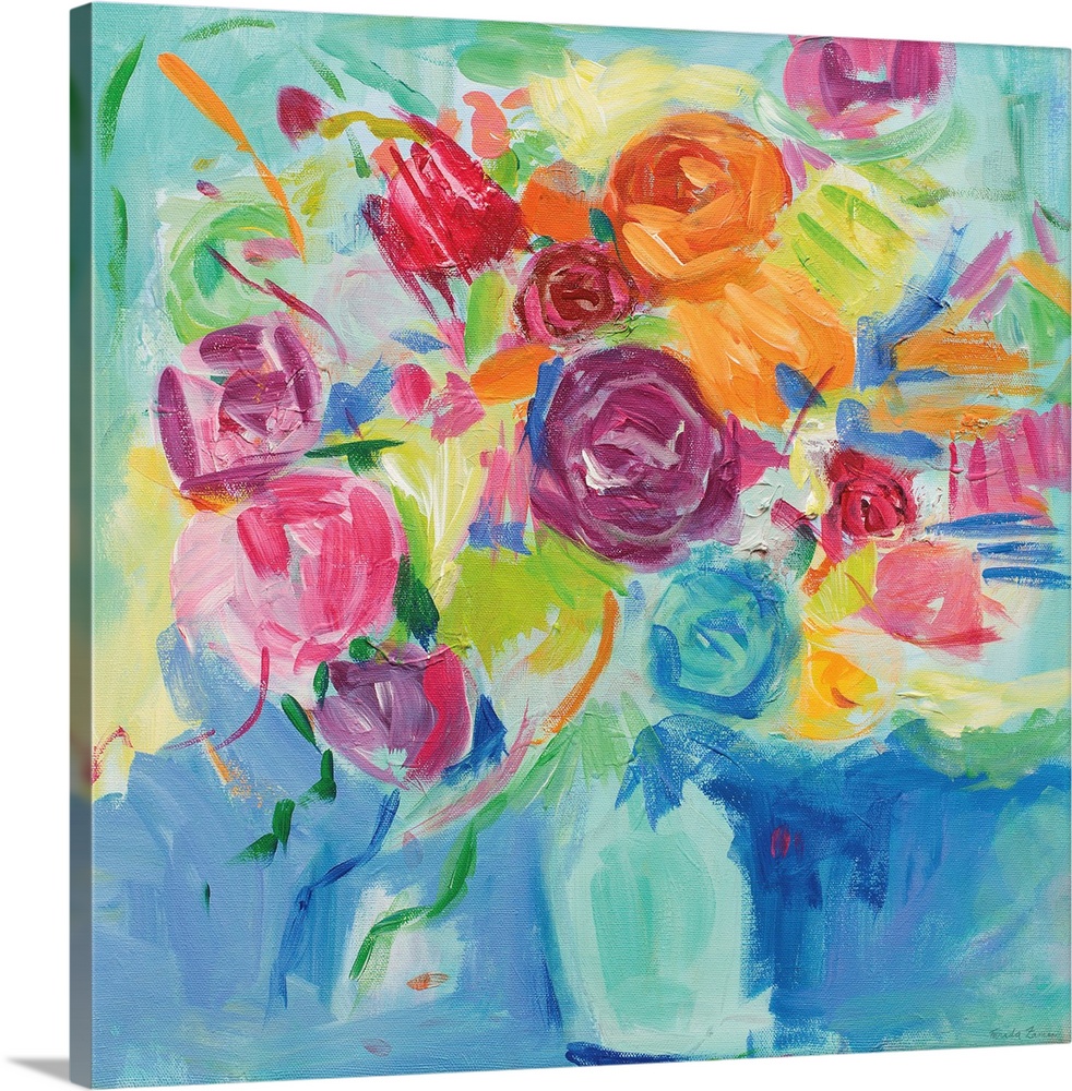 Square abstract painting of a bright Spring floral arrangement on a blue and green background.
