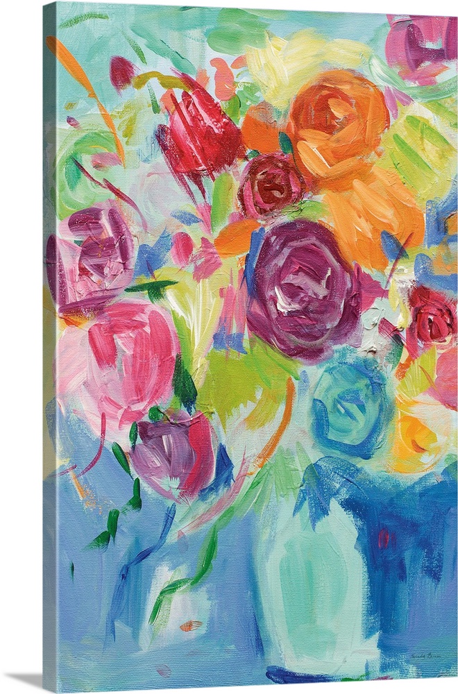 Impressionist painting of pastel colored florals in an aqua vase.