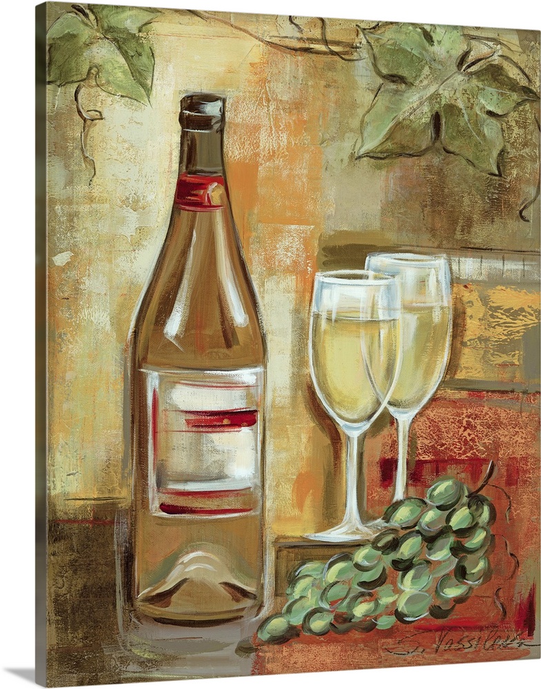 Oversized vertical painting of a wine bottle next to two glasses of white wine and a bunch of grapes, on a background od m...
