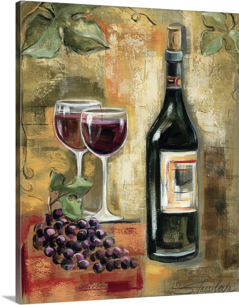 Large, vertical home art docor of a bottle of wine sitting next to two full glasses and a bunch of grapes in the foregroun...