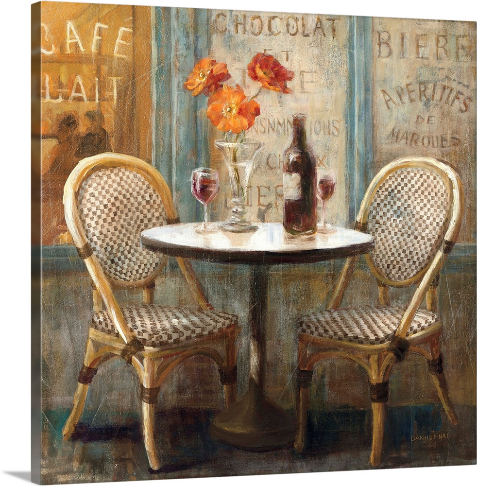 Contemporary painting of a cafe table and chairs.