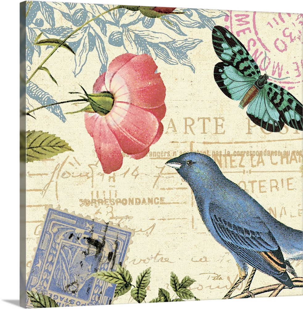 Contemporary artwork of a collage of images with a bird and flowers.