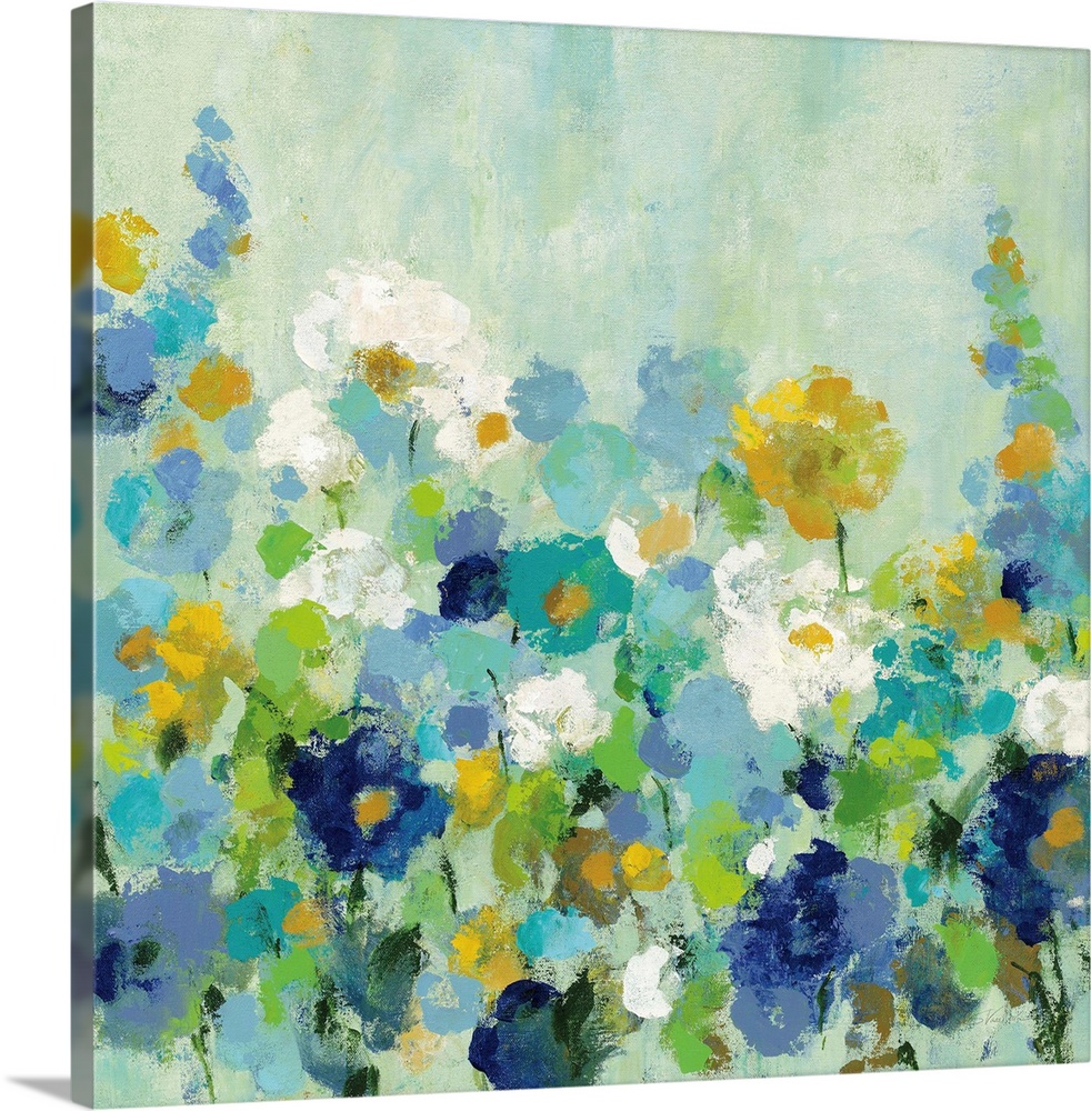 A square painting of multi-colored blooming flowers in a garden.