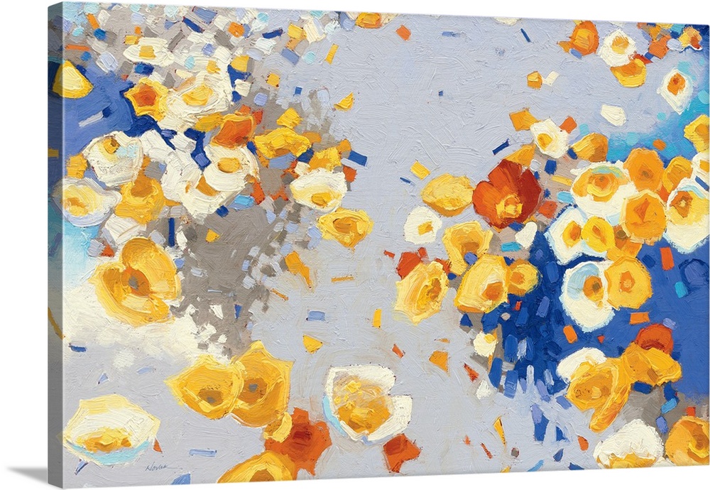 Painting of swirling groups of yellow, white, and red flowers.