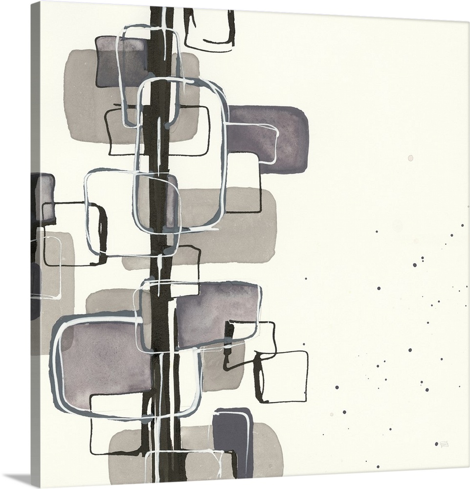 An asymmetrical abstract painting of various square sizes overlapping a black vertical line.