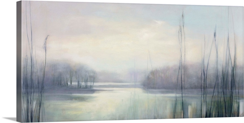 Large horizontal contemporary landscape of a lake covered in mist in muted tones of blue and gray.