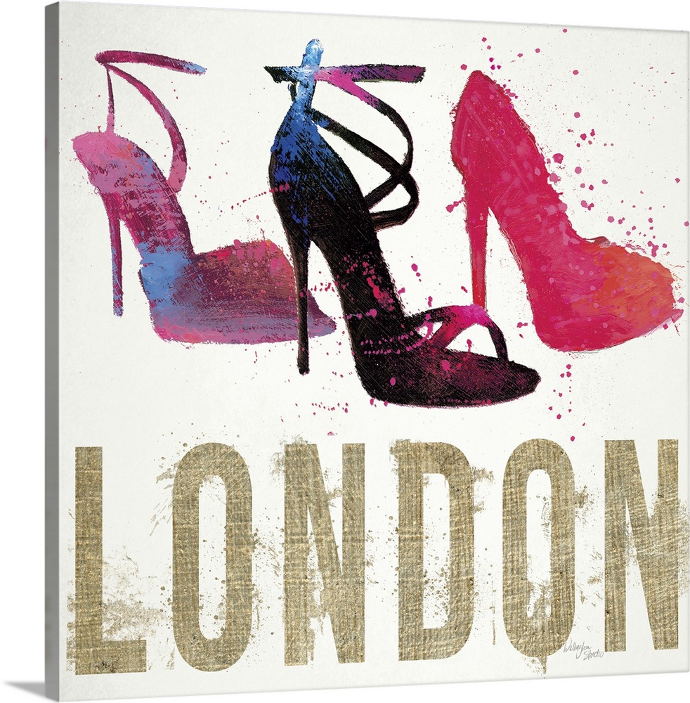 Design featuring three high-heeled shoes and the word "London," done in a messy, spray-painted style.