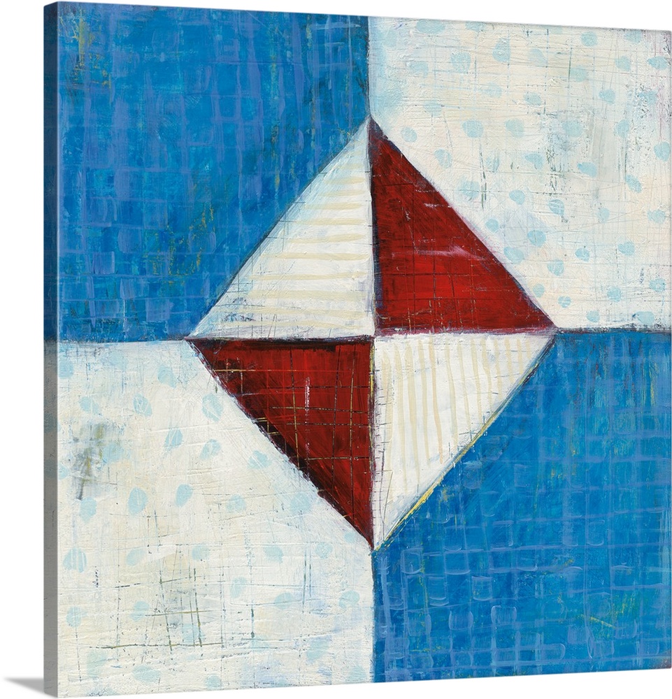 Contemporary folk art style painting of a geometric quilt pattern in red white and blue.