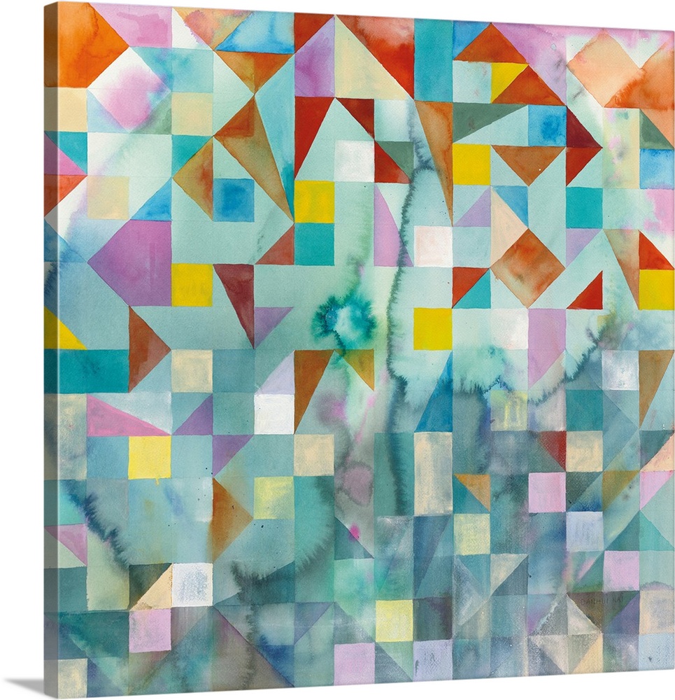 Abstract artwork with colorful patchwork with geometric shapes on a square canvas.