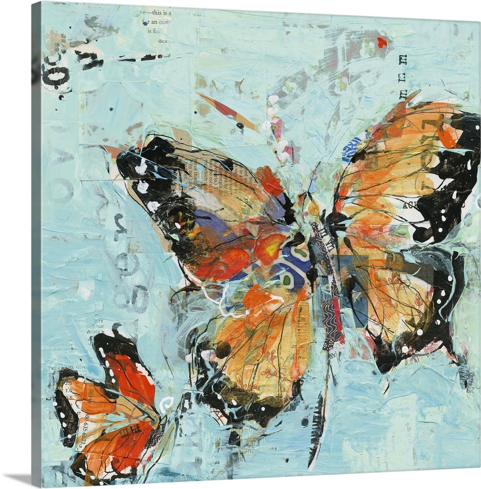 Two orange butterflies on a sky blue background made with mixed media.